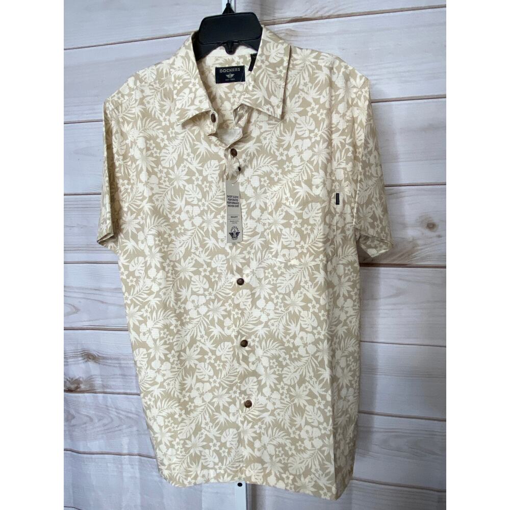 Brand New Dockers Men's Size Small Regular Fit Beige Floral Button Down Shirt